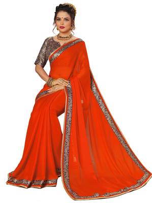 Orange printed chiffon saree with blouse 4