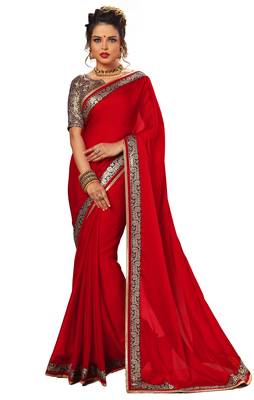 Red printed chiffon saree with blouse 1