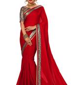 Red printed chiffon saree with blouse