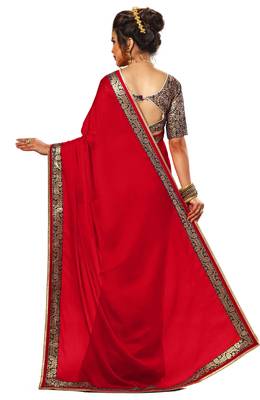 Red printed chiffon saree with blouse 2