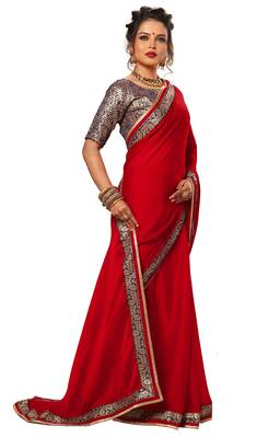 Red printed chiffon saree with blouse 3