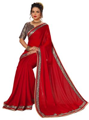Red printed chiffon saree with blouse 4