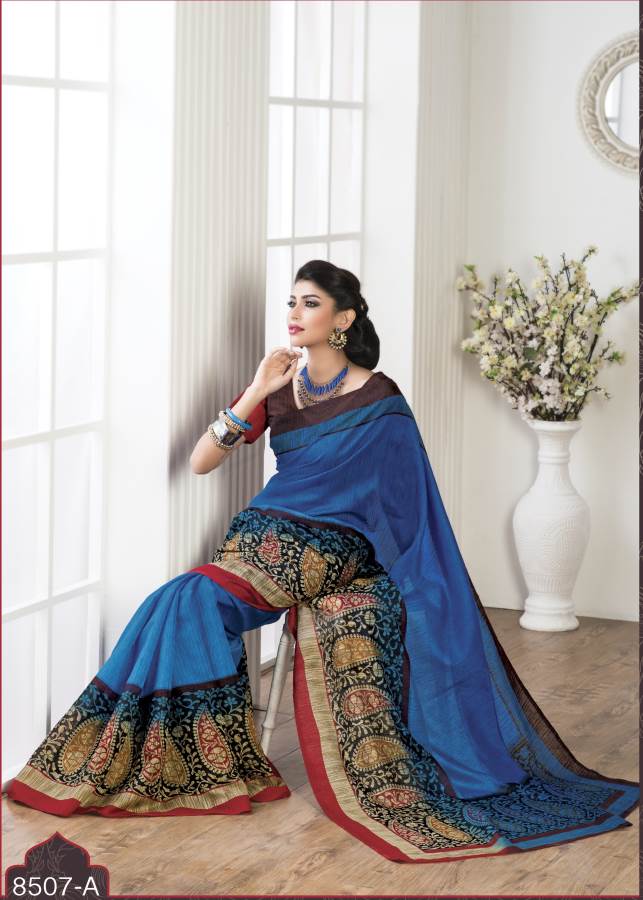 Women's Bhagalpuri Silk Blue Printed Designer Saree With Blouse Piece