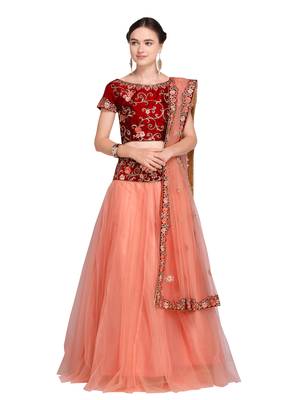 Peach Embroidered Net Lehenga With Dupatta 1