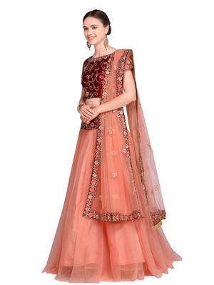 Peach Embroidered Net Lehenga With Dupatta 2