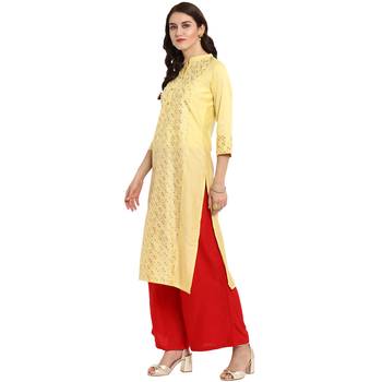 Yellow Color Straight Foil Print Kurta Palazzo Set 3