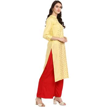 Yellow Color Straight Foil Print Kurta Palazzo Set 4
