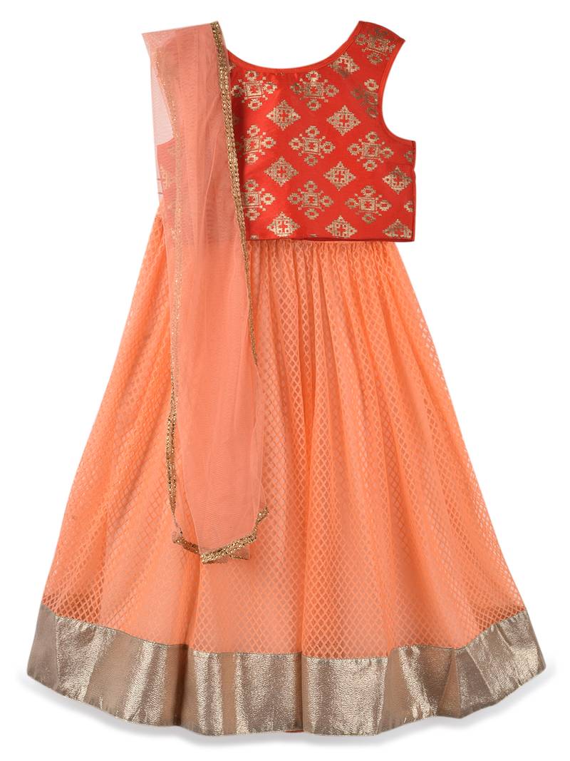 Red printed georgette kids lehenga choli