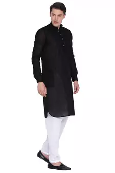Black Linen Pathani Khan Suit Set