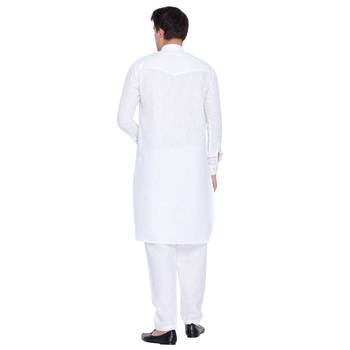 White Linen Pathani Khan Suit Set 4