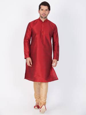 Maroon Cotton Silk Kurta And Pyjama Set 1