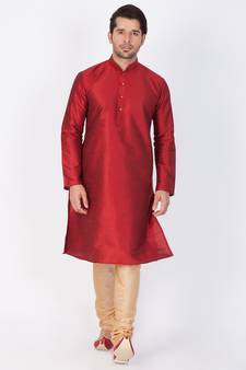 Maroon Cotton Silk Kurta And Pyjama Set