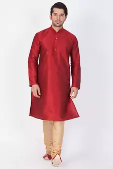 Maroon Cotton Silk Kurta And Pyjama Set