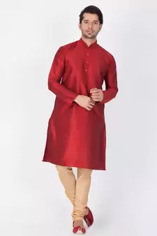 Maroon Cotton Silk Kurta And Pyjama Set