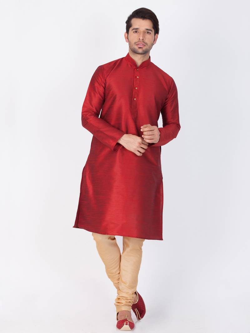 Maroon Cotton Silk Kurta And Pyjama Set