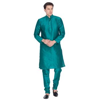 Green Cotton Silk Kurta And Pyjama Set 1