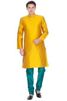 Gold Cotton Silk Kurta And Pyjama Set