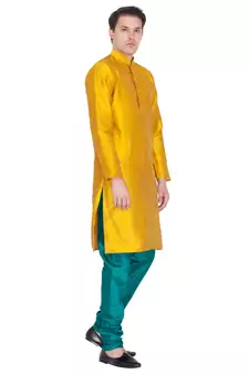 Gold Cotton Silk Kurta And Pyjama Set