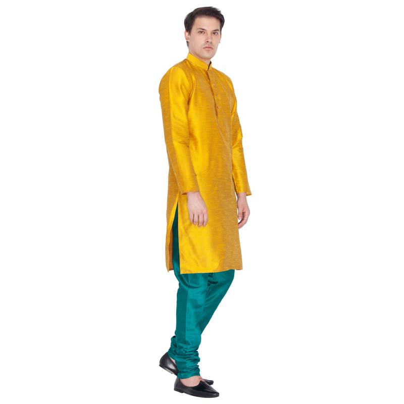 Gold Cotton Silk Kurta And Pyjama Set