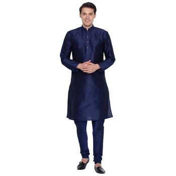 Navy Blue Cotton Silk Kurta And Pyjama Set 1