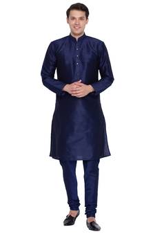 Navy Blue Cotton Silk Kurta And Pyjama Set