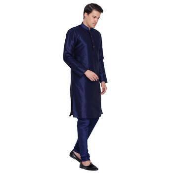 Navy Blue Cotton Silk Kurta And Pyjama Set 2
