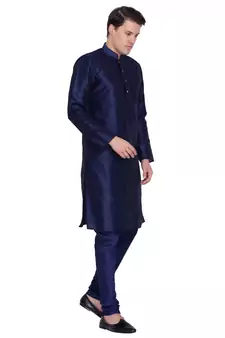 Navy Blue Cotton Silk Kurta And Pyjama Set