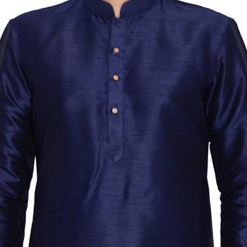 Navy Blue Cotton Silk Kurta And Pyjama Set 3