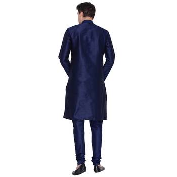 Navy Blue Cotton Silk Kurta And Pyjama Set 4