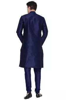 Navy Blue Cotton Silk Kurta And Pyjama Set