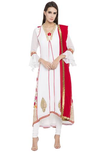 White Printed Georgette Salwar With Dupatta
