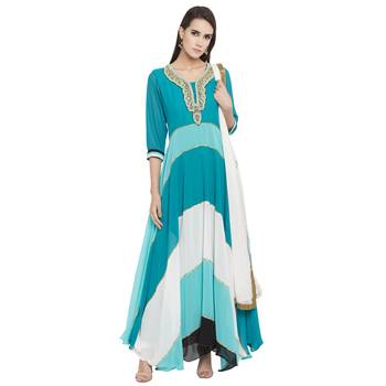 Teal Blue Embroidered Georgette Salwar With Dupatta 1