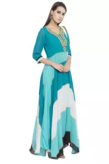 Teal Blue Embroidered Georgette Salwar With Dupatta