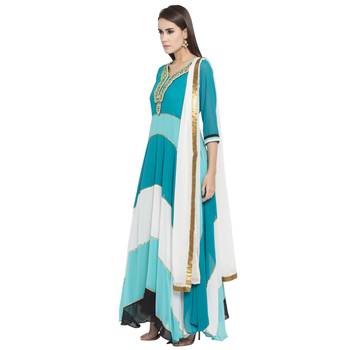 Teal Blue Embroidered Georgette Salwar With Dupatta 3