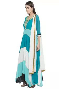 Teal Blue Embroidered Georgette Salwar With Dupatta