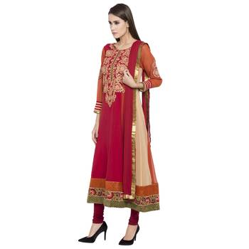 Red Embroidered Georgette Salwar With Dupatta 3