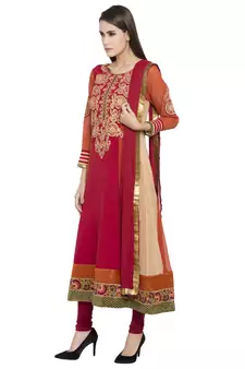 Red Embroidered Georgette Salwar With Dupatta