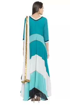 Teal Blue Embroidered Georgette Salwar With Dupatta