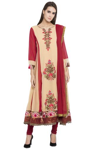 Beige Embroidered Georgette Salwar With Dupatta