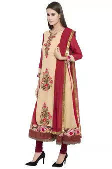 Beige Embroidered Georgette Salwar With Dupatta