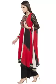 Red Embroidered Georgette Salwar With Dupatta