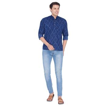 Men Blue Cotton Short Kurta 5