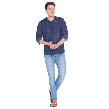 Men Blue Cotton Short Kurta 5