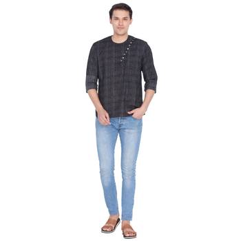 Men Black Cotton Short Kurta 5