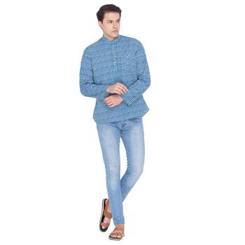 Men Blue Cotton Short Kurta 5