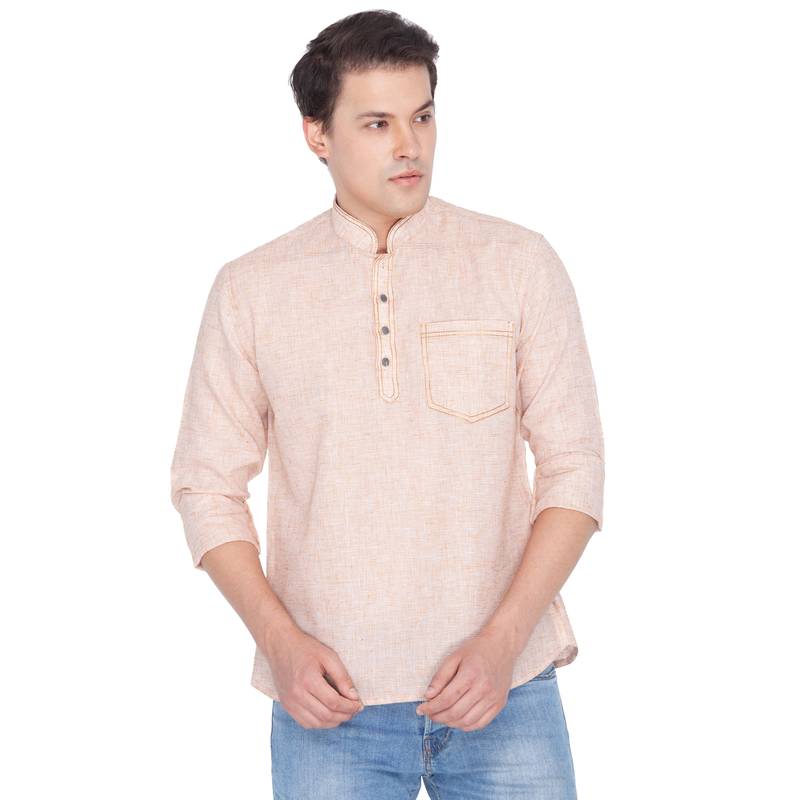 Men Beige Linen Short Kurta