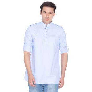 Men Blue Cotton Mid Length Kurta 1