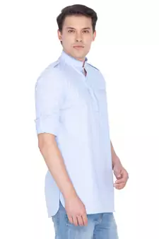 Men Blue Cotton Mid Length Kurta