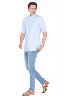 Men Blue Cotton Mid Length Kurta