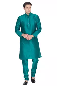 Men Green Cotton Silk Only Kurta